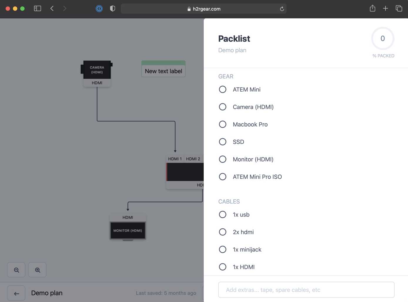 Packlist open on a plan editor